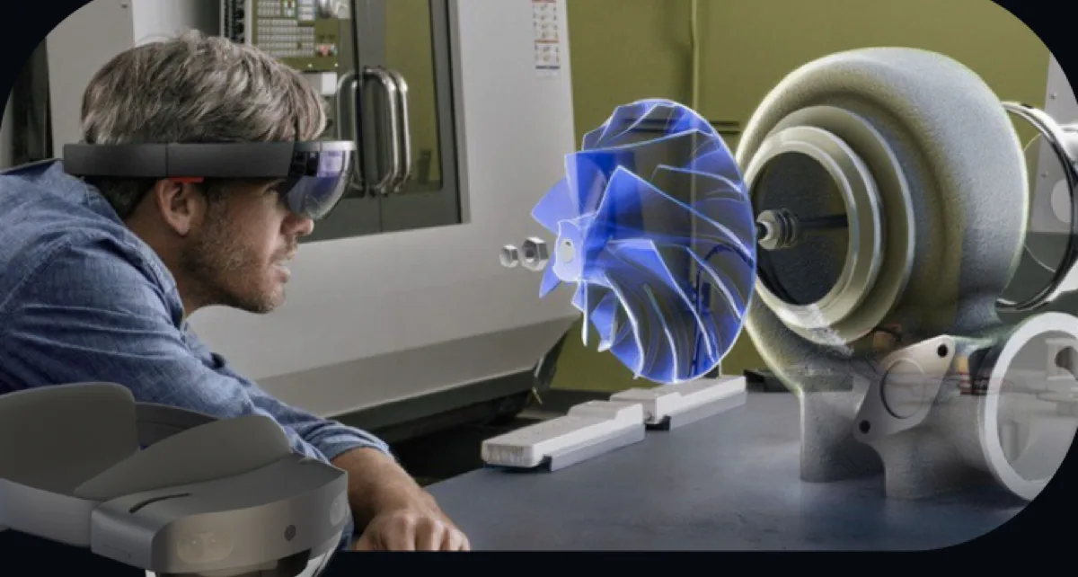 Ingeniero revisando un modelo de turbina en realidad mixta con HoloLens